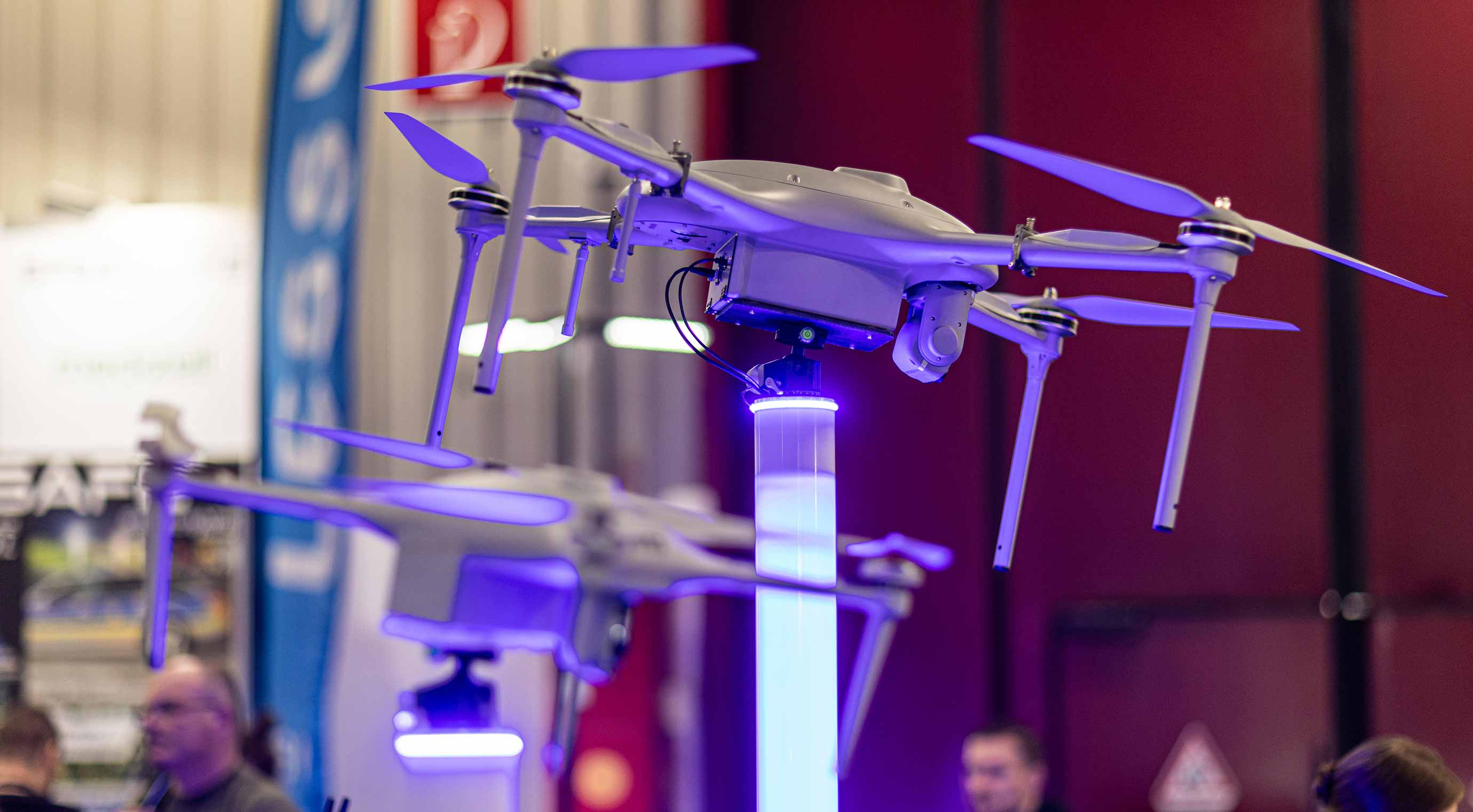 Close-up of two drones as exhibited products at Enforce Tac